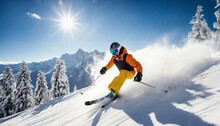 Skier Jumping On A Sunny Mountain Slope With Professional Equipment