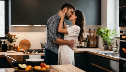 Couple sharing a romantic kiss in the kitchen