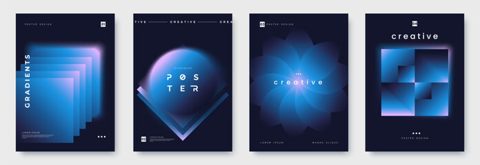 Poster - Vector poster template with gradient shapes on dark blue and place for text. Poster set in minimal style. Beautiful geometric gradients. A4 size. Ideal for banner, cover, invitation.