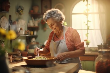 Culinary Tradition. A Skilled Nonna (Grandmother) Prepares Delicious Food in a Farmhouse Kitchen for Family. Heartwarming Meal