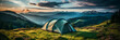 camping tent on mountain peak at sunrise, travel and vacation concept