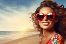 A Holiday Cool Woman Is Smiling Sunglasses On A  Beach ; A Vacation Background Or Banner