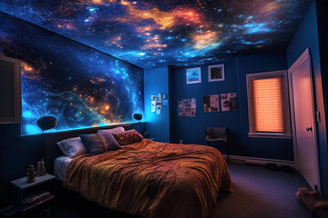 Wall Mural - bedroom interior at night with space and stars on the ceiling and walls. dreams and fantasies about 
