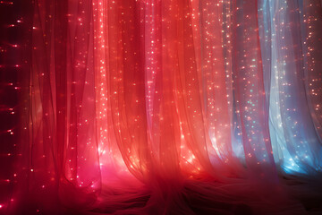 Poster - Soft red pink curtains with magical fairy lights - Generative AI