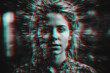 woman with mental disorders and paranoia in depression and stress. Black and white with 3D glitch virtual reality effect. Generative AI