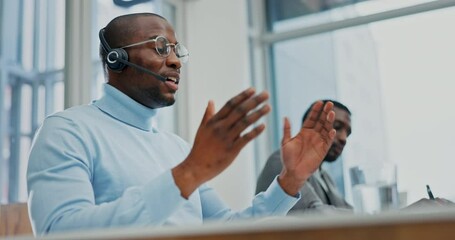 Aufkleber - Call center conversation, video call and black man explain loan service on lead generation, help desk or telecom webinar. Outsourcing, web conference and male insurance agent helping in customer care