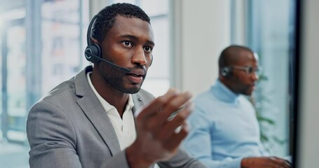 Aufkleber - Customer service, computer video call and black man explain telemarketing, ecommerce or call center webinar. Consultation, business advice and African person consulting on online meeting conference