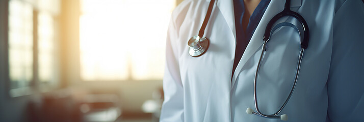 Close-up image of doctor with hospital background