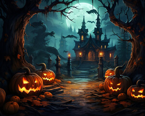 Wall Mural - Sinister Shadows, Halloween Background with Terrifying Pumpkins and the Haunting Castle of Dracula