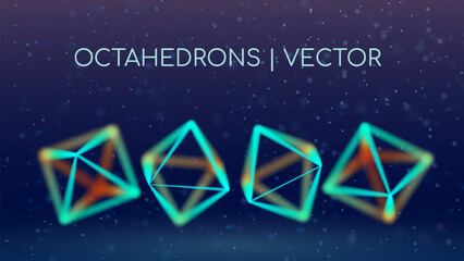 4 octahedrons with edges from different angles of view. Depth of field. Visualization of gems or geometric shapes