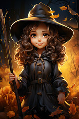 Wall Mural - young witch girl in hat and black costume for Halloween celebration. Cartoon character. Greeting card. Generative AI illustration