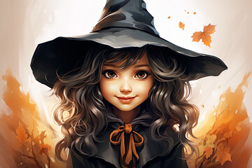 Wall Mural - cartoon character young witch girl in hat and black costume for celebrating Halloween on white isolated background. Generative AI illustration