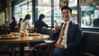 Young asian businessman wearing suit restaurant sitting at table at lunch looking at camera smiling
