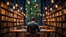 Novelist Writing A Story In A Quiet Library, Generative Ai