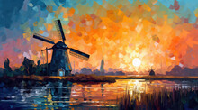 Windmill At A River, In The Style Of Colorful Cubism, Colorful Pixel-art