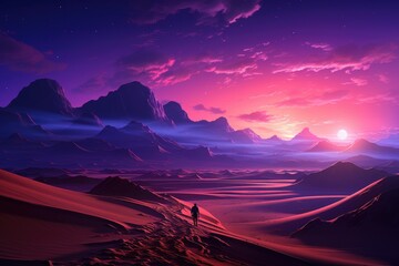 Wall Mural - Twilight's Rosy Embrace: Embodying the Serenity of a Pink Desert under the Starry Night's Endless Canopy Generative AI