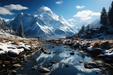 Wall Mural - Mountain Elegance Unveiled: Awe-Inspiring Ranges, Snow-Dusted Peaks, and Serene Alpine Meadows, a Glimpse into Nature's Grandeur Generative AI