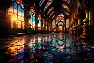 Wall Mural - Gothic Cathedral's Radiant Aura: The Captivating Serenity of Ethereal Light Streaming Through Stained Glass Windows, Encompassing the Spiritual Essence of the Era Generative AI