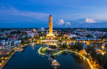 Aerial View  Roi et tower or Vote Tower 101 and  Bung Plan Chai  This park in the middle of Roi Et's lake in the city center in sunset time,Province Roi Et Thailand.