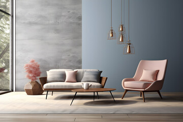 Wall Mural - Interior of modern living room with armchair and coffee tables 3d rendering