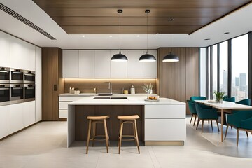 Modern kitchen interior. Stylish lamp hanging on ceiling and illuminating marble countertop inside modern room in daytime. Modern kitchen interior