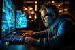 A coder, a developer-oriented in glasses working on a computer to view programming code information. cyber security digital technology reflected