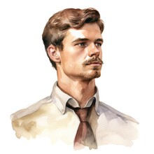 Brown Haired Adult Man With Mustache Wearing A Brown Tie. Watercolor Style