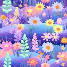 Purple Lupine And Daisy Wildflowers, Whimsical And Groovy Seamless Repeating Tile Background. Pastel Colors