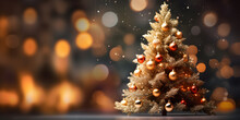Christmas Tree Decoration With Lights Bokeh Blurred Background, AI Generate