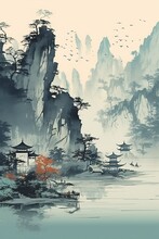 Chinese Painting Style Landscape. Asian Traditional Culture Illustration Drawing Photo