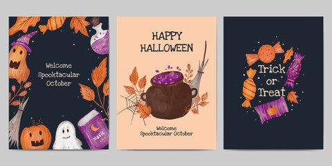 Hand drawn halloween card collection illustration