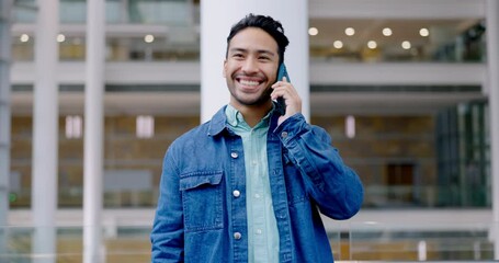 Poster - Talking, phone call and a man in a building for communication, chat or conversation with connection. Happy young asian person with a smartphone for negotiation, contact and networking or proposal
