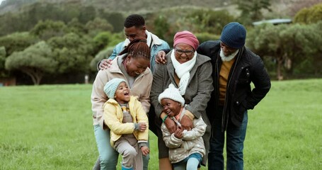 Poster - Laughing, black family or portrait of children in park or nature outdoors playing for fun together. Grandfather, grandmother or dad bonding on holiday vacation with happy kids, mom or funny joke