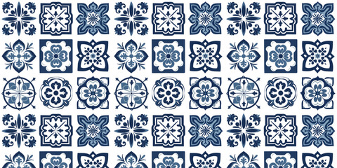  Decorative color ceramic azulejo tiles. Kit of vector seamless patterns. Colored design. Blue folk ethnic ornaments for print, web background, surface texture, towels, pillows, wallpaper.