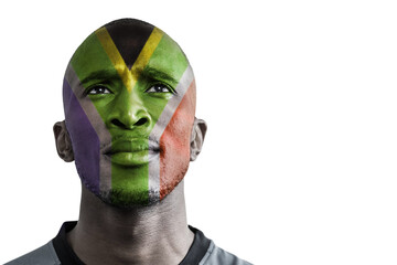 Poster - Digital png photo of african american man with flag on face on transparent background