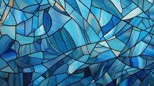 Dark Blue Stain Glass With A Random Abstract Pattern With White Light From The Background. The Light Source From One Direction Gives A Gradient To The Color Of The Stained Glass.
