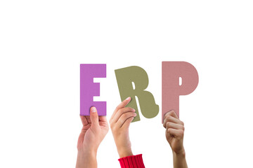 Poster - digital png illustration of hands with erp text on transparent background