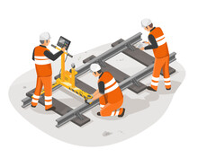 Railway Engineer And Subway Orange Uniform Worker Maintenance Service Working To Inspecting With Tools Isometric Isolated Cartoon Vector