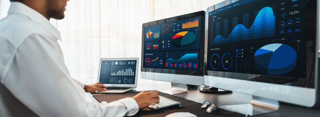 Poster - analyst working on data analysis or bi dashboard on computer monitor. businessman analyzing financia