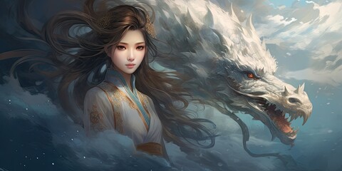 illustration of Chinese girl with dragon, generative AI