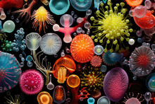 Colorful Variety Of Microorganism Inside Petri Dish Plate In Laboratory With Super Macro Zoom Background, Including Of Bacteria, Protozoa, Algae, And Fungi, With Generative AI.