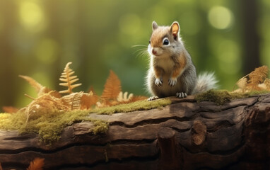 a cute and furry woodland squirrel standing on a mossy log and looking for acorns in the forest. sof