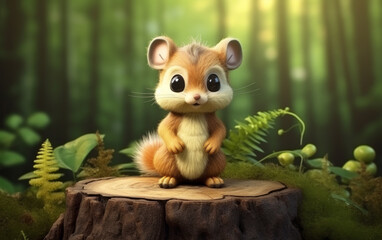 a cute and friendly woodland squirrel standing on a stump in the forest. soft friendly lighting suit