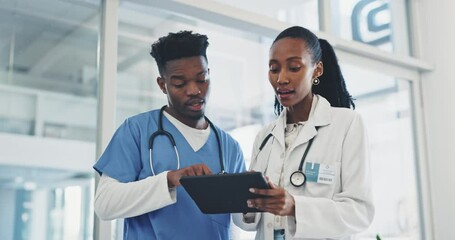 Poster - Support, tablet and a doctor in discussion with a nurse in the hospital about medical diagnosis. Healthcare, teamwork or planning with a medicine professional and assistant in a clinic for treatment