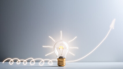 Light bulb with arrow moving up. Concept of growth after successful implementation of creative idea in business start-up