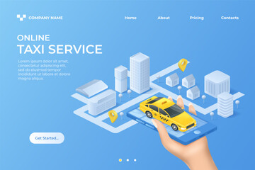 Aufkleber - Taxi landing page. Isometric web app banner. Phone with car on display. Yellow city cab. Street navigation. Smartphone in hand. Automobile order service. Vector website cartoon design