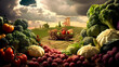 Vegetables natural farm background with a giant vegetables and fruits  