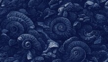 Seamless Texture Of Elaborate And Unique Calcified Blue Ammonite Sea Shell Spirals Embedded Into Rock. Prehistoric Fossilized Detailed Rough Grunge Surface Patterns - Generative AI