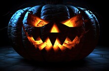 Halloween Pumkin With Glowing Eyes On Black Background