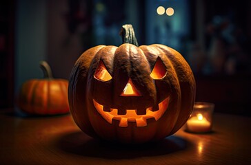 Halloween pumkins with glowing eyes in the woods with ghostly glowing sky